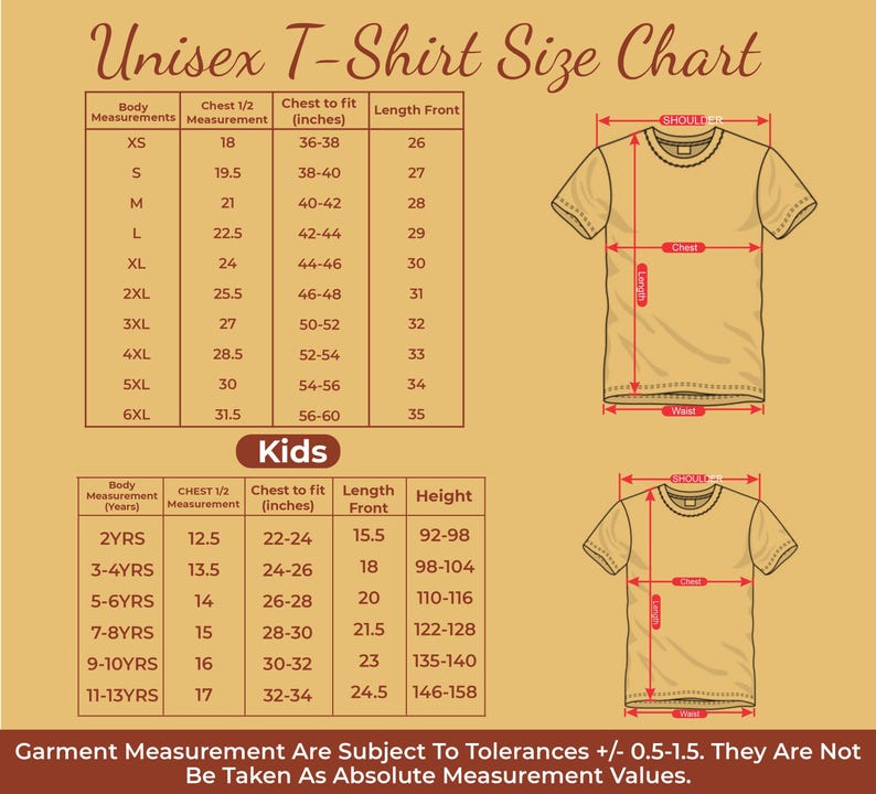 以下が含まれることがあります： ユニセックスTシャツのサイズチャート。大人と子供向けのインチ単位の測定値。胸囲、胸囲、着丈の測定値が記載されており、さまざまなサイズのTシャツの図も含まれています。