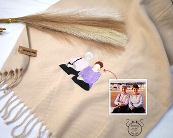 Embroidered Portrait from Photo Scarf, Couple Matching Bridesmaid Shawls, Custom Comfy Scarf With Photo, Unique Christmas Gifts for Him/Her
