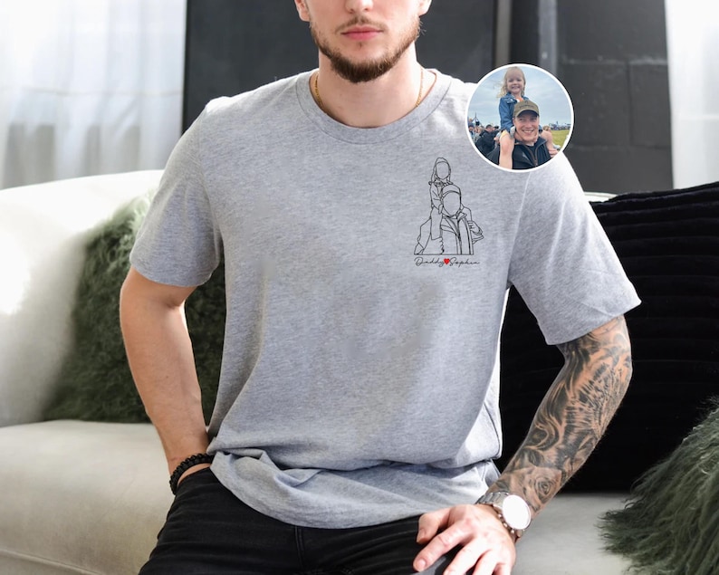 お父さんへのパーソナライズされたポートレートTシャツ、父の日シャツ、カスタム写真アウトラインTシャツ、お父さんへの父の日ギフト、新米パパへのポートレートギフト Heather Grey