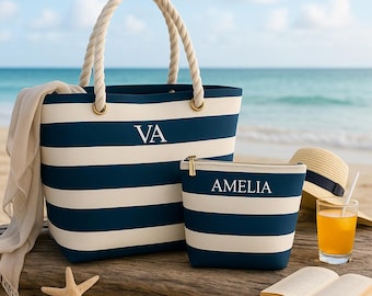 Custom Initial Beach Tote Bags, Summer Travel Accessories Purse, Personalised Bridesmaid Gifts, Womens Accessories Bag, Holiday Gift for Her