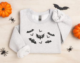 Suéter bordado de murciélagos de Halloween, suéteres espeluznantes de otoño para Halloween, suéter acogedor para otoño, suéteres de cuello redondo de murciélagos de Halloween, regalos de Halloween