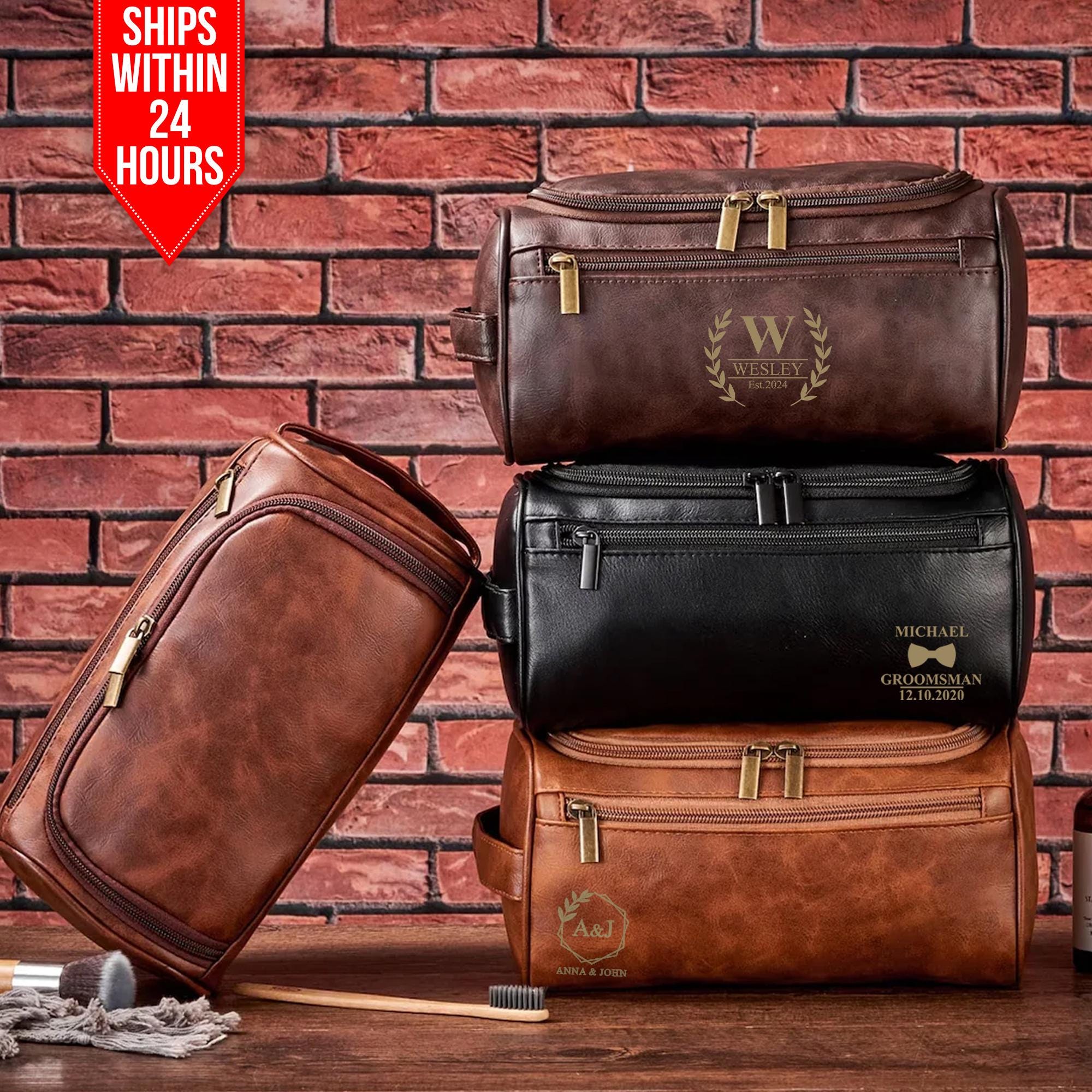 Engraved Leather Toiletry Bag, Personalised Dopp Kit for Men, Custom Text Groomsman Travel Bag, Grandads 8th Birthday Gift, FREE UK DELIVERY