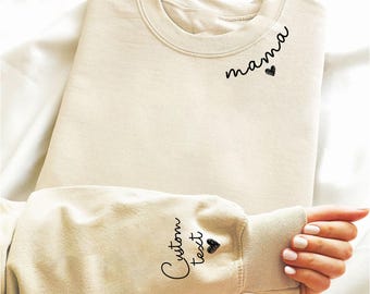 Personalised Mama Sweatshirt, Custom Name on Sleeve Print Crewneck, Jumper for New Mum, Mummy and Me Sweater, Gift for Her, Mothers Day Gift