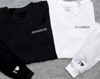 Embroidered Crewneck Sweatshirt, Roman Numeral His and Hers Hoodies, Anniversary Roman Numeral Date Couple Matching Initial Heart Sweater