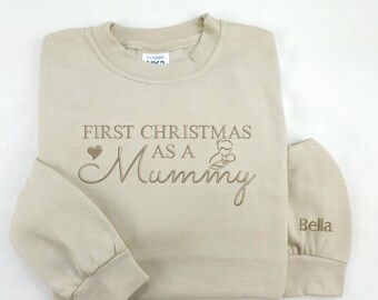 First Christmas as Mummy Sweatshirt, Embroidered Mummy to Be Xmas Sweater, Custom Kids Name on Sleeve Xmas Jumper, Christmas Gifts for Mummy