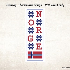 以下が含まれることがあります： ノルウェーの国旗と雪の結晶がデザインされた、赤い文字で「NORGE」と書かれたクロスステッチのブックマーク。白い背景です。