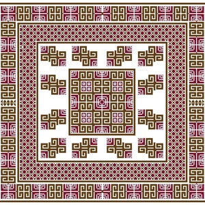 以下が含まれることがあります： 白地に茶色と栗色の幾何学模様が描かれた正方形のパターン。パターンは左右対称で、繰り返しデザインになっています。