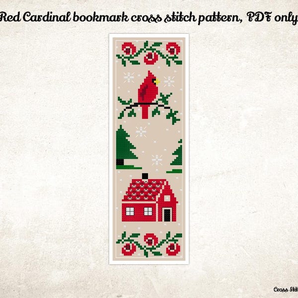 Red Cardinal Bookmark Cross Stitch Pattern: Winter Scene (PDF Pattern)
