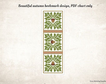 Autumn Bookmark Cross Stitch Pattern: Acorn Leaves DIY (PDF Pattern)