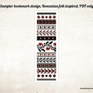 May include: A black and white cross stitch bookmark design inspired by Romanian folk art. The design features a variety of geometric patterns and floral motifs in shades of red, black, white, and gray.