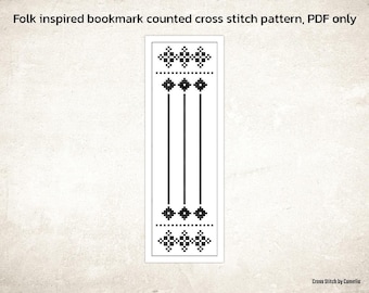 Peut inclure: Un marque-page noir et blanc d'inspiration folklorique avec un motif de point de croix. Le motif présente des formes géométriques et des lignes. Le texte "Folk inspired bookmark counted cross stitch pattern, PDF only" est en haut.