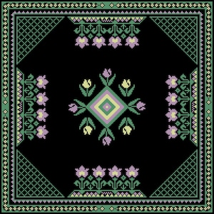 May include: A square, pixelated design with a black background and a green and lavender floral pattern. The design features a central diamond shape surrounded by tulips and floral borders, with geometric corner accents.