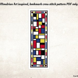 May include: A Mondrian-inspired bookmark cross stitch pattern in PDF format. The pattern features a geometric design with squares in red, yellow, blue, and white.