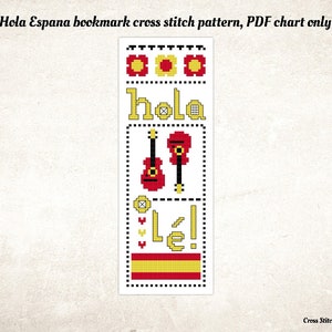 May include: Cross stitch pattern for a bookmark featuring the Spanish flag, a guitar, and the word "hola" in yellow letters on a red background.
