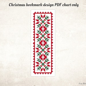 Könnte beinhalten: Ein rotes und grünes Weihnachts-Lesezeichen-Kreuzstichmuster. Das Design zeigt ein sich wiederholendes Muster aus stilisierten Schneeflocken und Blättern.