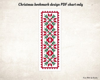 May include: A red and green Christmas bookmark cross stitch pattern. The design features a repeating pattern of stylized snowflakes and leaves.