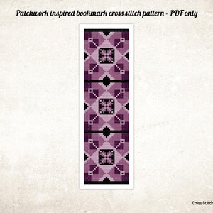 Op de afbeelding: Een kruissteek bladwijzer met een patchwork ontwerp in tinten paars, zwart en wit. De bladwijzer heeft geometrische patronen en de tekst "Patchwork inspired bookmark cross stitch pattern - PDF only". De rechter benedenhoek heeft de tekst "Cross Stitch by Camelia".