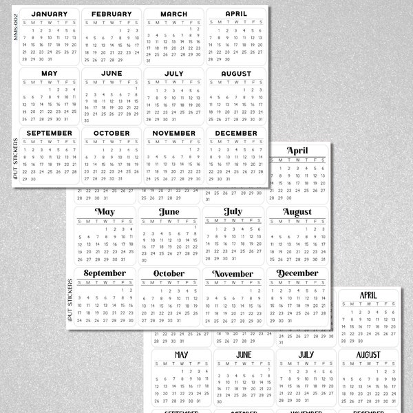 2024 Micro Calendar Stickers for Planners, Organizers, Dot Grid Journals, Notebooks • Black and White Mini Calendar Stickers