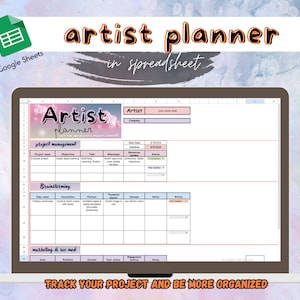 May include: A Google Sheets spreadsheet titled "Artist Planner" with a pink and white background. The spreadsheet is divided into three sections: "Project Management", "Brainstorming", and "Marketing & Social Media".