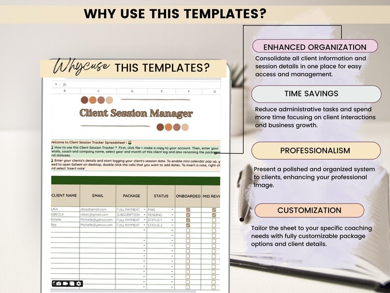 Digital Client Session Tracker Spreadsheet – Google Sheets Coaching Log for Therapists, Counselors, and Coaches – Track Appointments, Notes, Goals & Progress - coaching session log, therapist session notes, client management spreadsheet, digital client tracker, counseling session tracker, life coach planner, coaching business tool, therapy progress tracker, session notes template, client record keeper, client appointment log