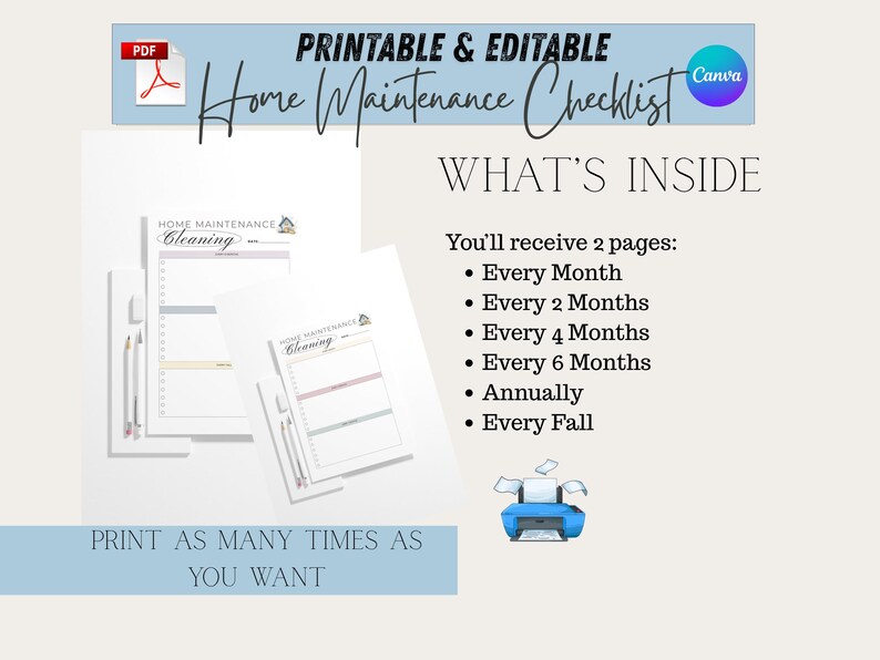 Home Maintenance Checklist Printable | Monthly Quarterly Yearly Home ...