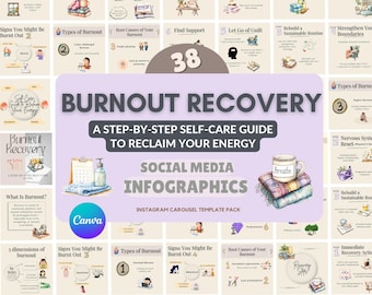 Carrusel de Instagram para la recuperación del agotamiento: Plantilla de Canva sobre salud mental (PNG y archivo editable de Canva)