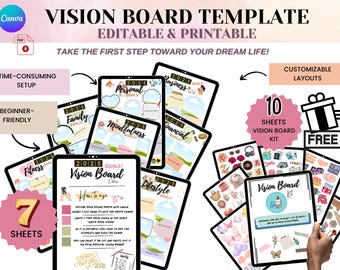 Vision Board Templates Printable & Editable | Canva Vision Board Kit | Goal Setting Sheets | Cut and Paste Vision Board, Goal Setting