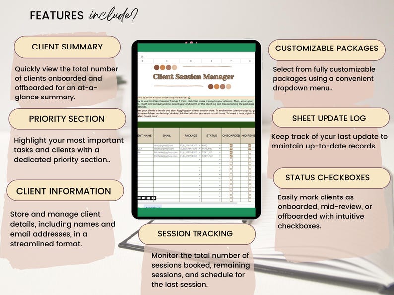 Digital Client Session Tracker Spreadsheet – Google Sheets Coaching Log for Therapists, Counselors, and Coaches – Track Appointments, Notes, Goals & Progress - coaching session log, therapist session notes, client management spreadsheet, digital client tracker, counseling session tracker, life coach planner, coaching business tool, therapy progress tracker, session notes template, client record keeper, client appointment log