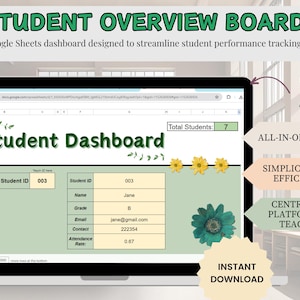 Puede incluir: Una plantilla de tablero de Google Sheets para realizar un seguimiento del rendimiento de los estudiantes. El tablero tiene un esquema de color verde y amarillo con un diseño floral. El texto "Student Dashboard" se muestra en un cuadro verde. El texto "Total Students: 7" se muestra en un cuadro blanco. El texto "ENTER Student ID 003" se muestra en un cuadro verde. El texto "Student ID 003" se muestra en un cuadro amarillo. El texto "Name Jane" se muestra en un cuadro amarillo. El texto "Grade B" se muestra en un cuadro amarillo. El texto "Email jane@gmail.com" se muestra en un cuadro amarillo. El texto "Contact 222354" se muestra en un cuadro amarillo. El texto "Attendance Rate: 0.67" se muestra en un cuadro amarillo. El texto "INSTANT DOWNLOAD" se muestra en un cuadro blanco. El texto "ALL-IN-ONE TOOL" se muestra en un cuadro blanco. El texto "SIMPLICITY AND EFFICIENCY" se muestra en un cuadro blanco. El texto "CENTRALIZED PLATFORM FOR TEACHERS" se muestra en un cuadro blanco. El texto "GOOGLE SHEET TEMPLATES" se muestra en un cuadro blanco. El texto "USE YOUR GOOGLE ACCOUNT" se muestra en un cuadro blanco.