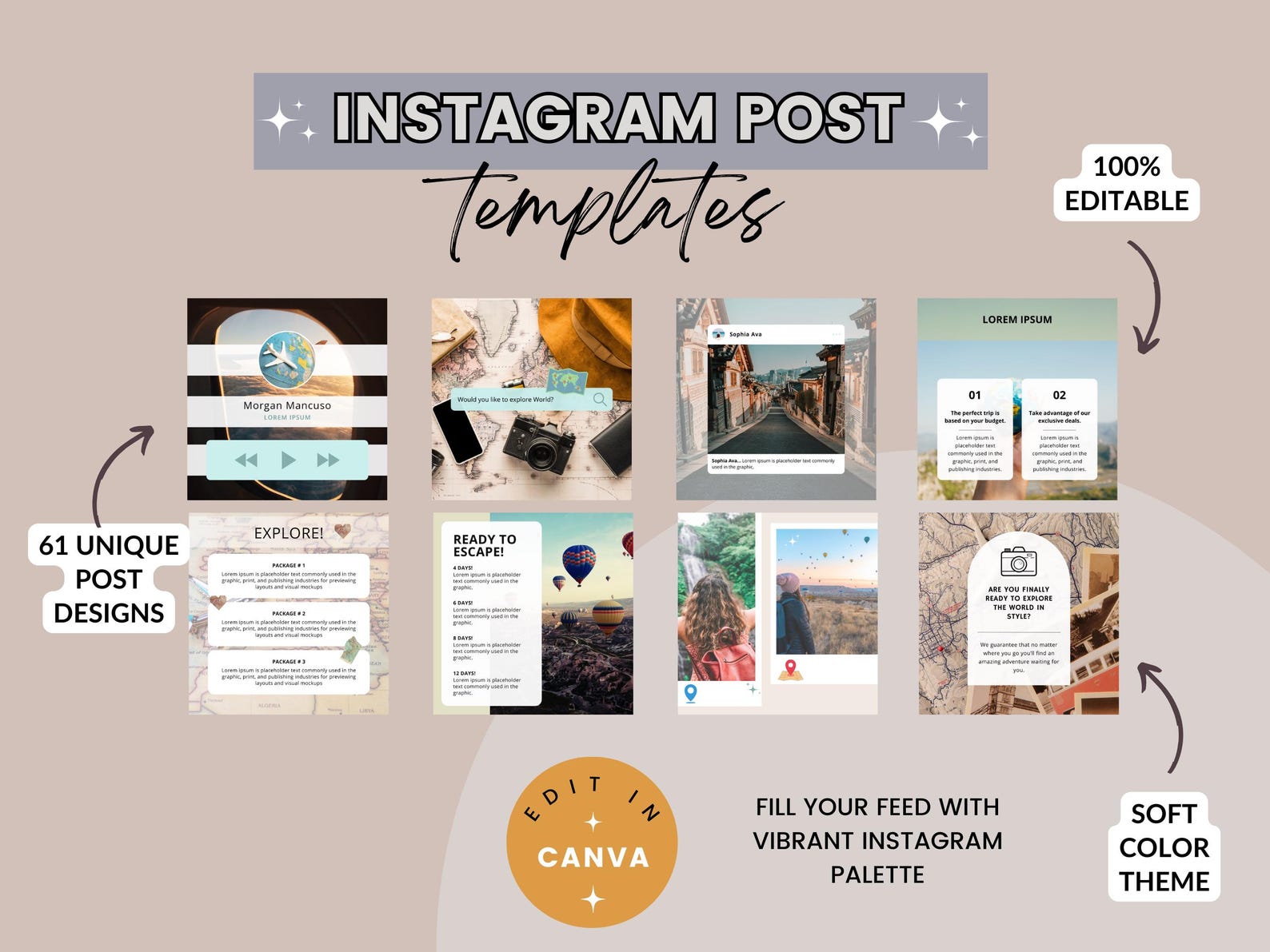 Travel Instagram Post Templates: Canva Editable (61) - Etsy