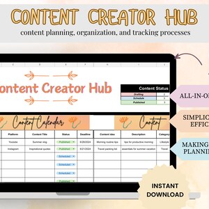 Könnte beinhalten: Ein Laptop-Bildschirm zeigt eine Google Sheet-Vorlage für Content Creator. Die Vorlage trägt den Titel "Content Creator Hub" und enthält Abschnitte für Content-Planung, Organisation und Tracking. Die Vorlage soll Content Creatorn helfen, ihren Content-Erstellungsprozess zu verwalten.