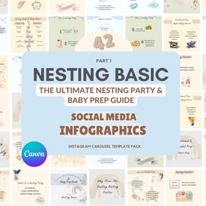 Puede incluir: Un paquete de plantillas de infografías para redes sociales para una fiesta de anidación y una guía de preparación para bebés. El paquete incluye 42 plantillas con ilustraciones y texto. El texto incluye "Nesting Basic", "The Ultimate Nesting Party & Baby Prep Guide", "Social Media Infographics" y "Instagram Carousel Template Pack".