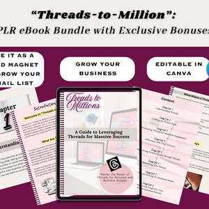 May include: A digital product bundle titled "Threads-to-Million" with a guide to leveraging Threads for massive success. The bundle includes an ebook, a lead magnet, and editable Canva templates. The ebook cover features a laptop with a website open to the Threads app.