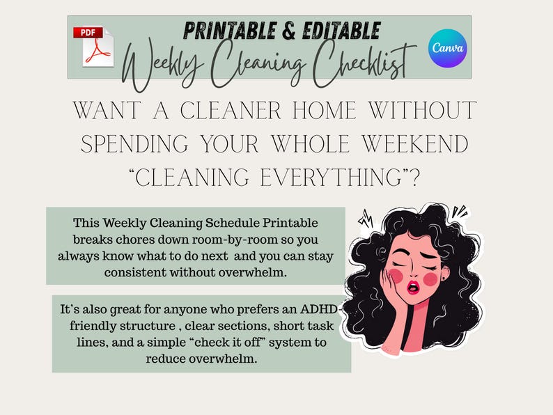 Weekly Cleaning Checklist Adhd-friendly Routines | Editable Canva ...