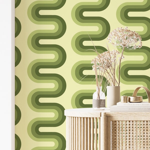 Olive green peel and stick wallpaper, Groovy wallpaper, Accent retro removable wallpaper, Self adhesive wallpaper, Vintage 70s waves pattern