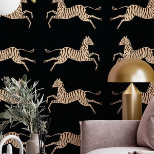 Dark Zebra peel and stick wallpaper, Black wallpaper, Vintage Zebra removable wallpaper, Self adhesive wallpaper, Jumping zebras pattern