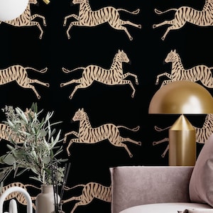 Dark Zebra peel and stick wallpaper, Black wallpaper, Vintage Zebra removable wallpaper, Self adhesive wallpaper, Jumping zebras pattern