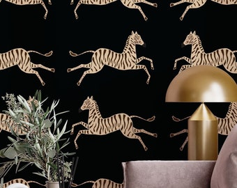 Dark Zebra peel and stick wallpaper, Black wallpaper, Vintage Zebra removable wallpaper, Self adhesive wallpaper, Jumping zebras pattern