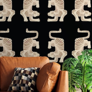 Black tiger wallpaper, Aztec tiger wallpaper, Vintage removable wallpaper, Retro Self adhesive wallpaper, Peel & Stick Dark Animal print