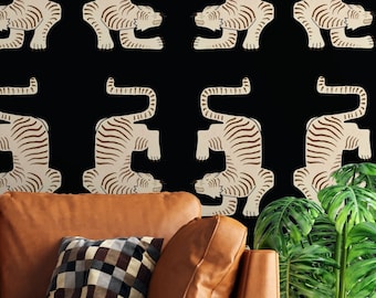 Black tiger wallpaper, Aztec tiger wallpaper, Vintage removable wallpaper, Retro Self adhesive wallpaper, Peel & Stick Dark Animal print