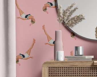 Pink Pinup Girl Wallpaper – Retro Barbiecore Peel and Stick Mural