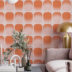 Carta da parati adesiva con quadrati arancioni retrò - Carta da parati murale rimovibile, motivo geometrico anni '70, texture tela, arredamento moderno di metà secolo