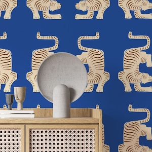 Carta da parati adesiva con tigre blu, carta da parati azteca con tigre blu scuro, carta da parati vintage rimovibile, carta da parati autoadesiva blu navy tropicale