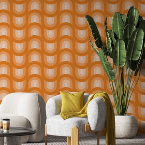 Orange peel and stick wallpaper, Thick canvas structured wallpaper, Vintage orange Waves removable wallpaper, Self adhesive Retro wallpaper