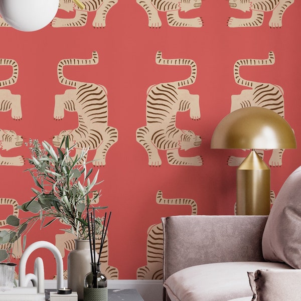 Pink Tiger wallpaper, Funky peel and stick wallpaper, Vintage removable wallpaper, Retro Self-adhesive wallpaper, Retro wallpaper 70s