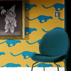 Mustard yellow funky Ocelot peel and stick wallpaper, Tiger wallpaper, Cool Contemporary removable wallpaper, Self adhesive blue wild Cat