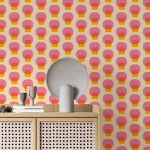 Bauhaus retro peel and stick wallpaper, Geometric mushroom wallpaper, Vintage removable wallpaper, Self adhesive wallpaper, Pink pattern