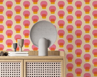 Bauhaus retro peel and stick wallpaper, Geometric mushroom wallpaper, Vintage removable wallpaper, Self adhesive wallpaper, Pink pattern