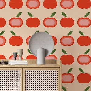 Retro Funky Red Apple-Tapete - Schälen und Aufkleben, einfach anzubringen, langlebiges Vinyl, mutiges Vintage-Obst-Design, einzigartiges Küchenwanddekor, lebendig