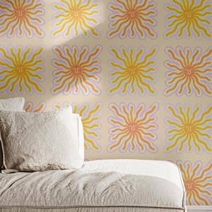 Carta da parati adesiva Aztec Sun / Decorazione murale colorata e rimovibile / Motivo azteco boho per camera da letto, soggiorno, cameretta dei bambini